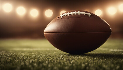 American football ball in front of warm-toned spotlights on the field and foggy background
