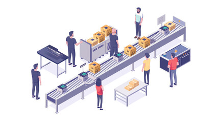 Isometric smart industrial factory, concept of automatic robot assembly in factory automatic system and factory engineer workers Illustration of 3D manufacturing technology