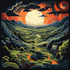 landscape with sun and tree