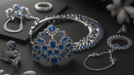 Obraz premium AI generator images of Jewelry designs such as necklaces, bracelets, rings, bangles decorated with gold, silver and various gemstones such as diamonds, gems, sapphires.