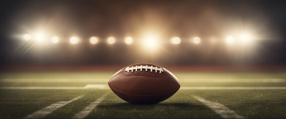 American football ball in front of warm-toned spotlights on the field and foggy background
