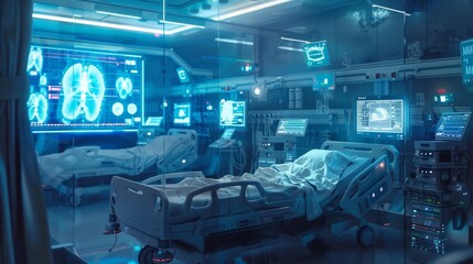 An ICU filled with hightech medical equipment and holographic patient data displays