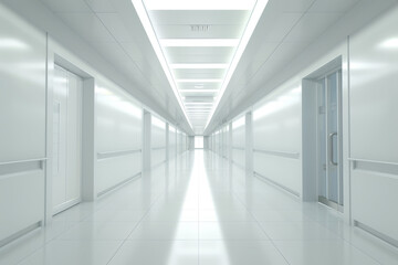 Obraz premium A long, empty hallway with white walls and white floors