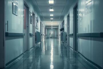 Obraz premium A long hallway with a few potted plants and a few signs