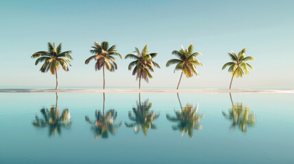A beautiful tropical scene with palm trees and a calm blue ocean