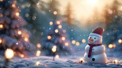 Fototapeta premium Colorful happy smiling snowman in a winter landscape with a beautiful forest and glowing lights in the background. copy space concept for Christmas or New Year greeting card design 