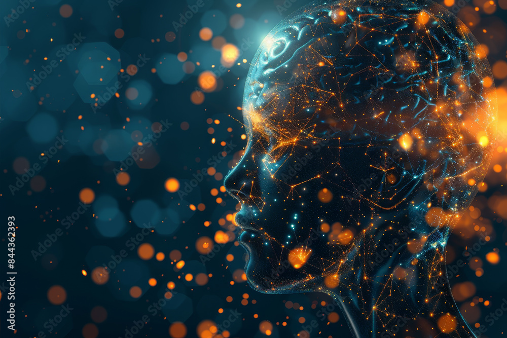 Poster a computer generated image of a head with a glowing brain
