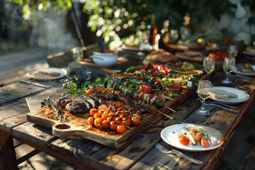 A large wooden table is set with a variety of food, including meat, vegetables