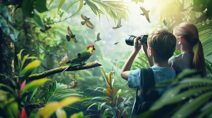 Enthusiastic birdwatchers using advanced binoculars to spot exotic birds in a lush, futuristic nature reserve