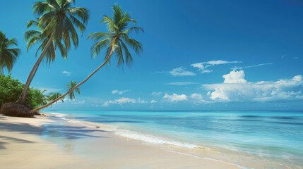 A beautiful beach with palm trees and a clear blue ocean