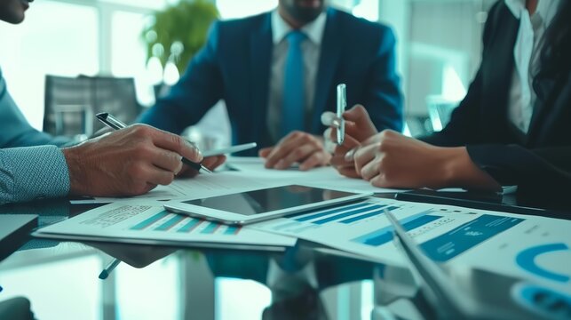 Business advisor photo business people talking Plan investment and market analysis on your office tablet.