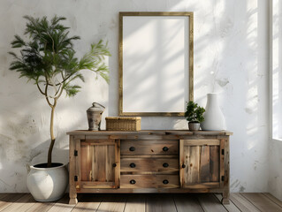 Vintage living room with wood cabinet and blank poster frame