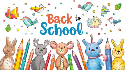 Cute cartoon animals with colorful pencils and markers. creating an illustration of the words Back to School in bright colors 