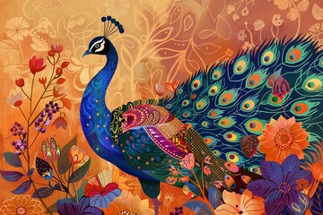 An elegant peacock designed using poka dots, squares, and intricate lines, surrounded by a modern traditional backdrop of floral patterns and boho-inspired shapes