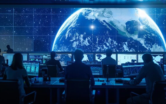 Realtime climate monitoring with satellite feeds and interactive global climate models GCMs in a futuristic control room