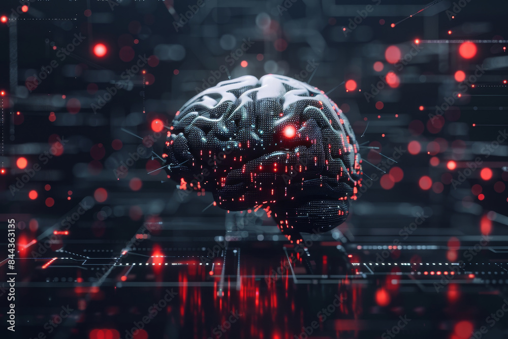 Poster a brain is shown in a computer generated image with a red glow surrounding it