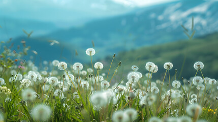 dandelion garden on the hillside. close-up photos. clear images