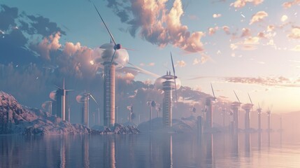 Wind power turbines with AIdriven efficiency improvements in a futuristic energy park