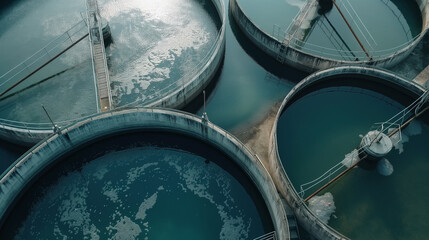 Aerial view of a modern water treatment plant in a wastewater treatment plant. By giving a geometric background texture to the recycling concept. Treated to bring back to use