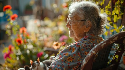 Fototapeta premium old Europa grandmother, her have 100 ages. sit chair in the garden. around have small cat. sunny day.