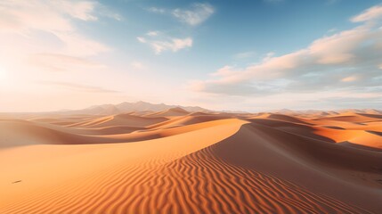 Desert sand dunes panorama at sunset, 3d render