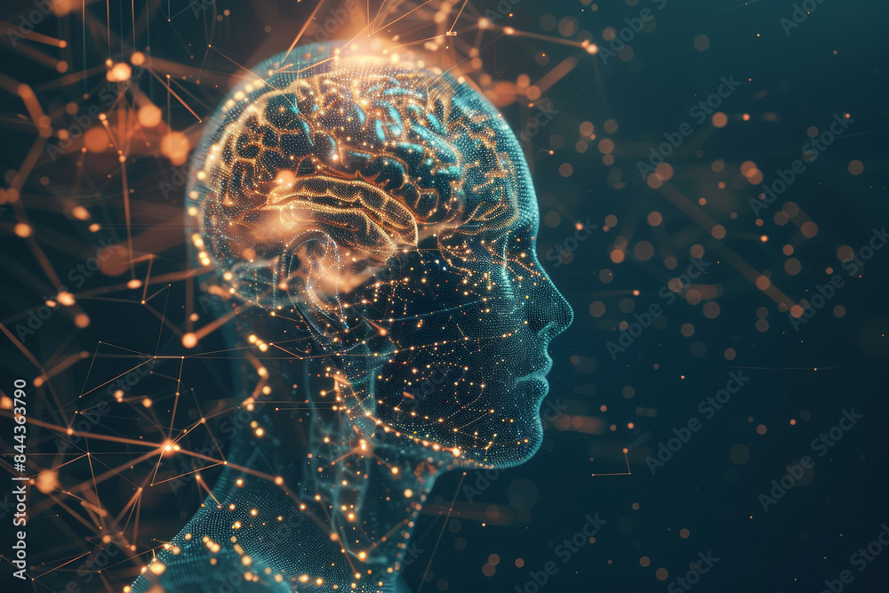 Poster a brain is shown in a computer generated image with a lot of lines and dots