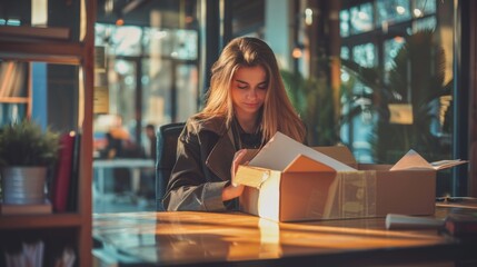 Photo of businesswoman sending resignation letter and collecting items. Resignation. Press or hold business cardboard box on table in office. Change jobs or get fired from the company