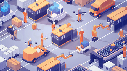 Obraz premium Isometric smart industrial factory, concept of automatic robot assembly in factory automatic system and factory engineer workers Illustration of production technology