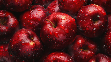 A bunch of red apples with water droplets on them