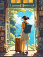 Illustration of a girl who loves traveling, carrying a suitcase, reading a travel guide in anime, watercolor and cartoon style.