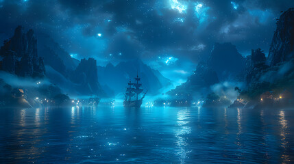 Fototapeta premium pirate ship on the island at night