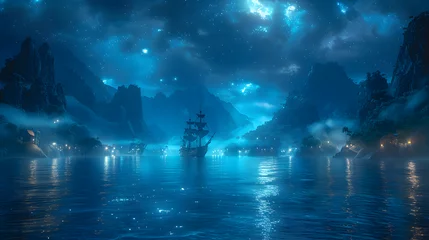 pirate ship on the island at night