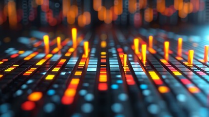 A close-up shot of an audio mixing board with various colored lights and knobs
