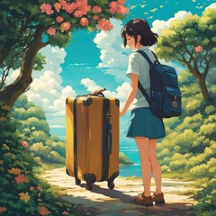 Illustration of a girl who loves traveling, carrying a suitcase, reading a travel guide in anime, watercolor and cartoon style.