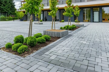 Obraz premium Modern Building Entrance with Landscaped Pathway