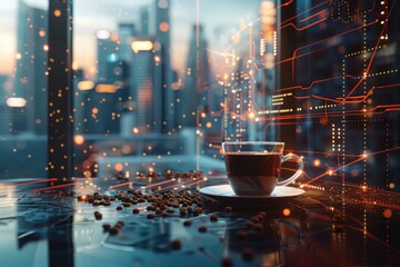 A cup of coffee and glass on the table, surrounded by digital connections in a futuristic