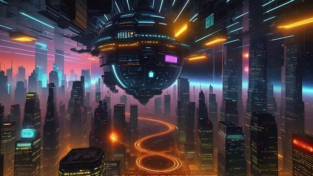 Futuristic urban animation of cyberpunk cityscape with high skyscrapers. Steampunk cityscape animation in neon style with illustrations transformations, music visualization. AI generated video