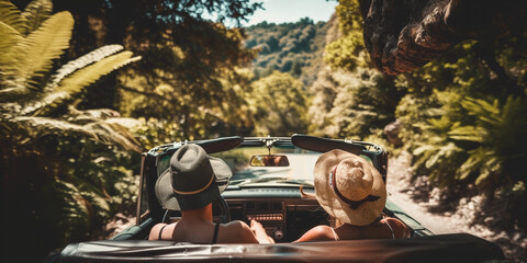 Nature, peace or couple relax on road trip on holiday together for break, love or adventure in park. Travel, convertible and calm people in car vehicle for outdoor vacation for journey or honeymoon 