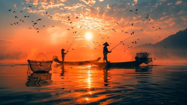 Photograph of a fisherman while fishing at sunrise, Wanon Niwat, Sakon Nakhon, Thailand.