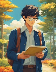 illustration of A man who loves traveling, carrying luggage, reading travel guides in the style of anime, cartoons and comics