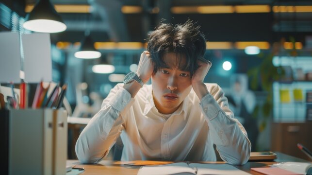 Photo of a young Asian businessman frustrated working on a table in the office. Busy employees feel tired and have headaches from overtime and heavy paperwork on their computer desks.