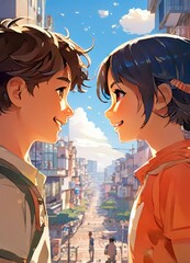an Indian boy and girl discussing with each other while smiling kindly in a city with anime and cartoon style