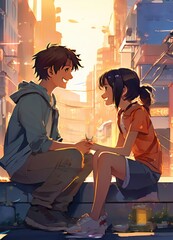 an Indian boy and girl discussing with each other while smiling kindly in a city with anime and cartoon style