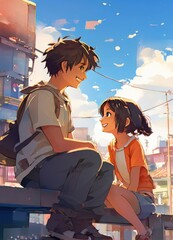 an Indian boy and girl discussing with each other while smiling kindly in a city with anime and cartoon style