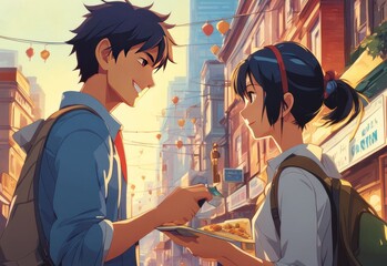 an Indian boy and girl discussing with each other while smiling kindly in a city with anime and cartoon style