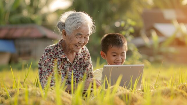 Photo of happy moments with grandma and grandson using laptop to learn to sit in a rice field in rural Thailand. - Powered by Adobe