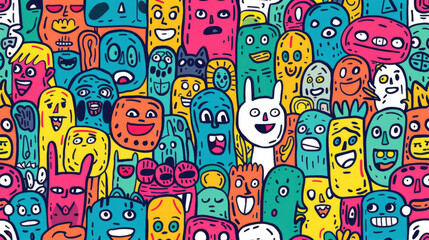 Expressive Hand-Drawn Faces in Colorful Doodle Pattern