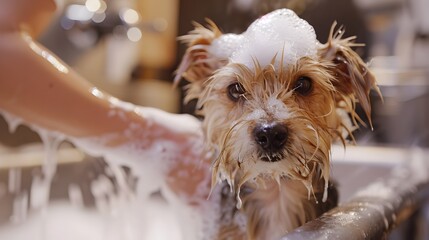 Blurred Image of Domestic Dog Grooming Session with Caregiver