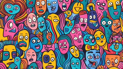 Fototapeta premium Expressive Hand-Drawn Faces in Colorful Doodle Pattern