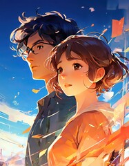 character illustrations of a married couple in anime and cartoon style.
